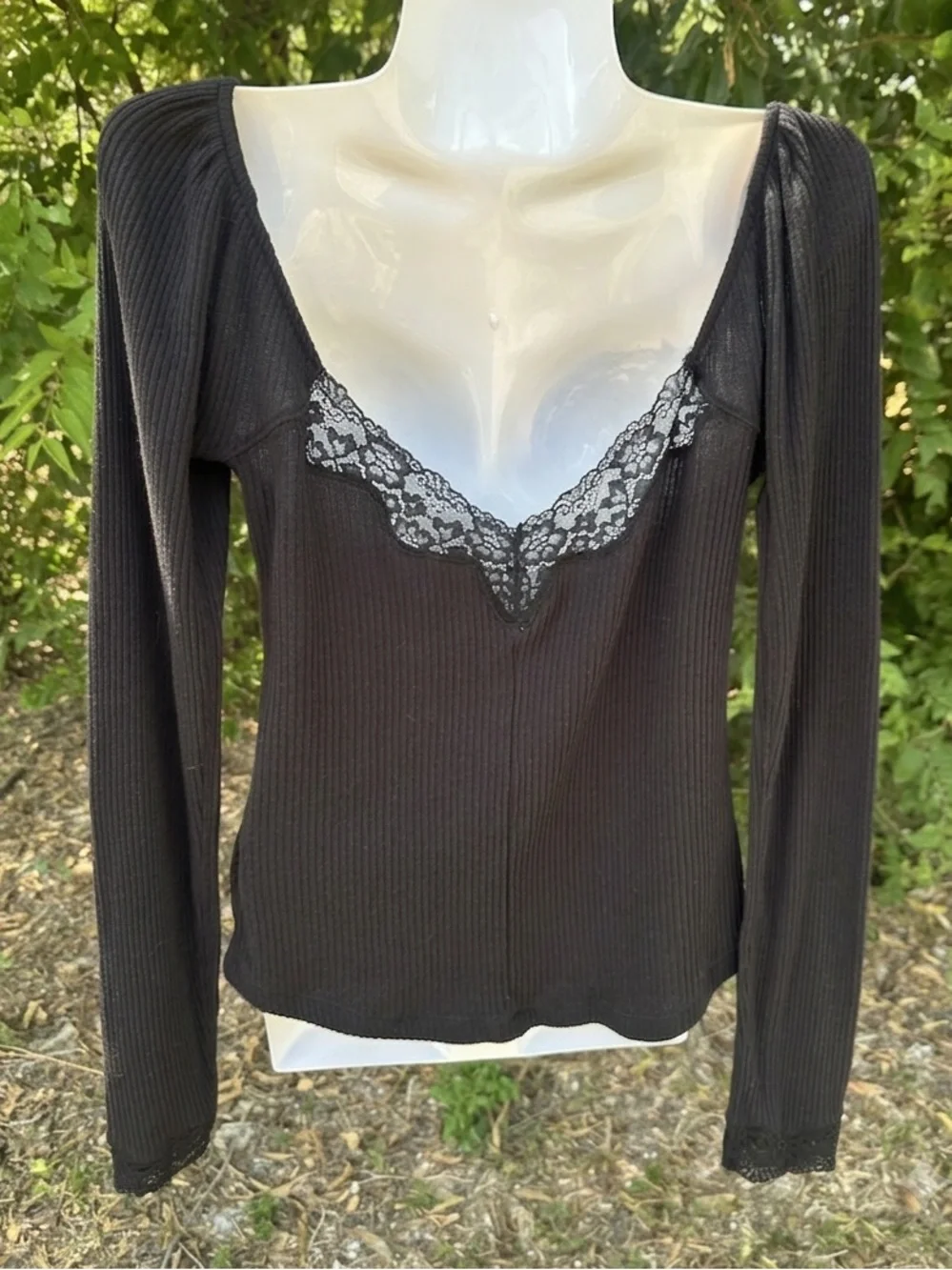 Free People To the West Black Lace Button Henley Ribbed Stretch Long Sleeve Top